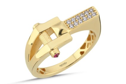 Yatay Dikey Tasarım Pembe Taşlı Yüzük