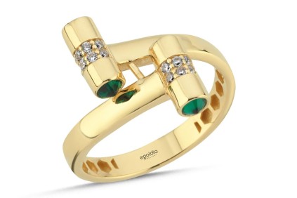 İki Kol Çubuk Tasarım Yeşil Taşlı Yüzük