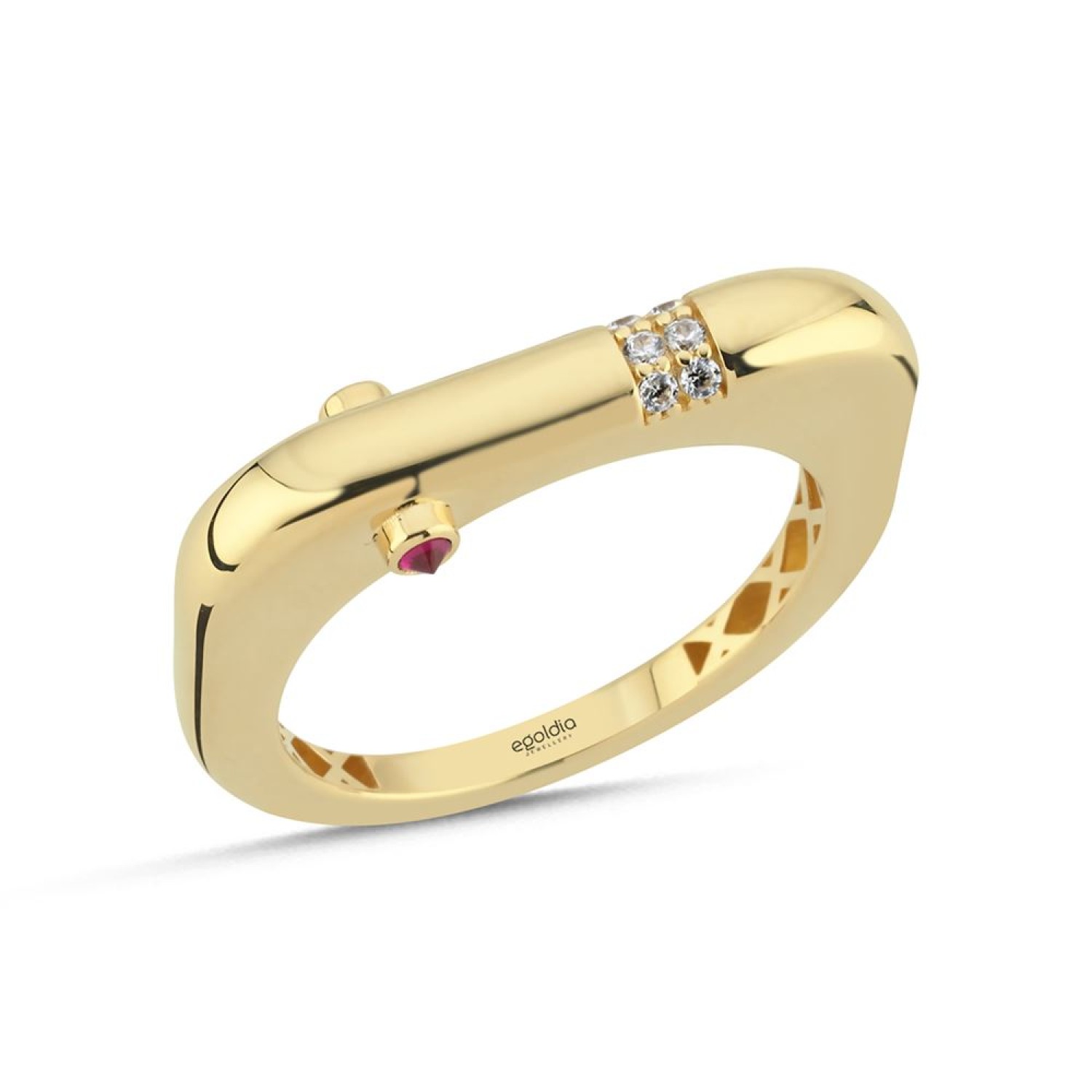 Yatay Tasarım Pembe Taşlı Yüzük