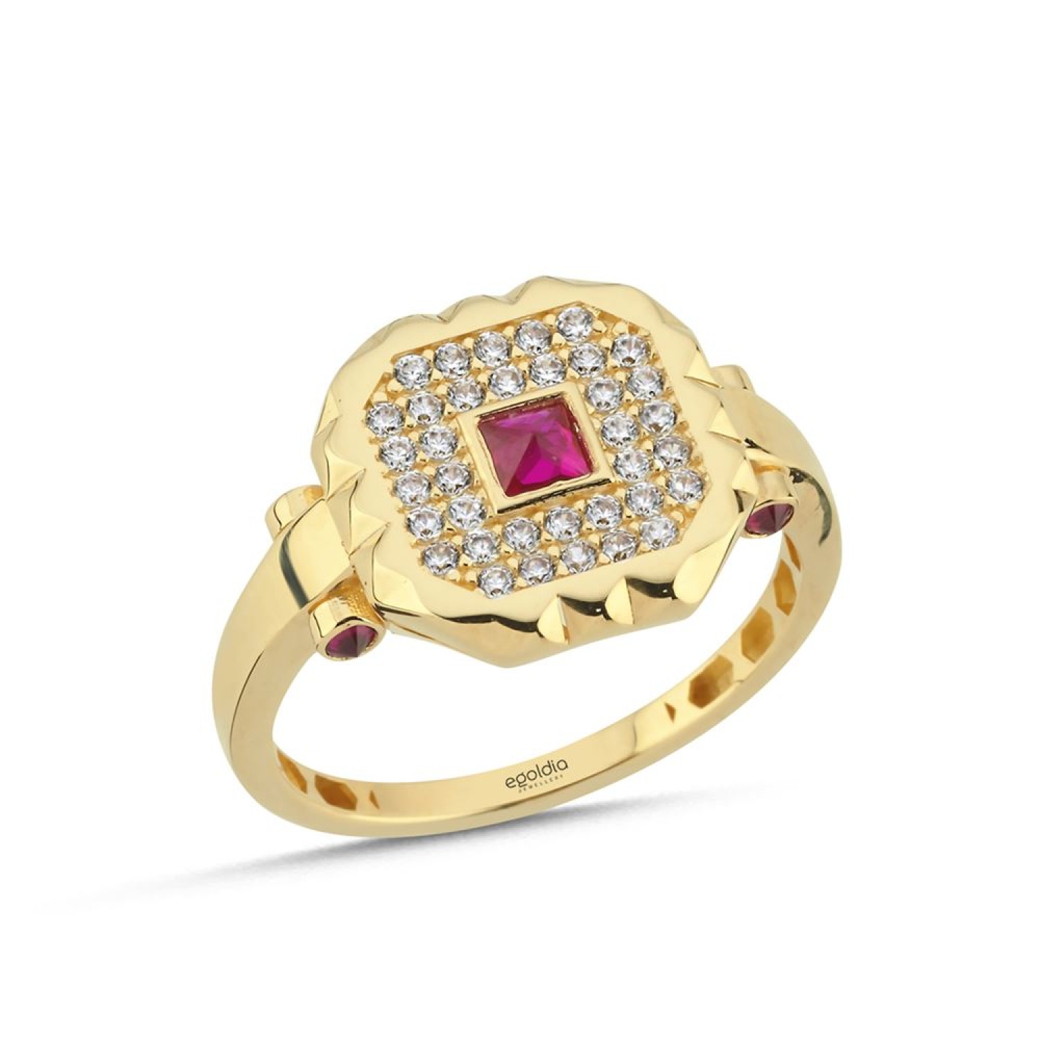 Dörtgen Tasarım Pembe Taşlı Yüzük