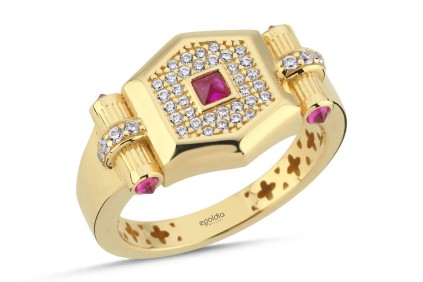 Altıgen Çubuk Tasarım Pembe Taşlı Yüzük