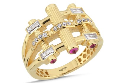 Üç Kol Çubuk Tasarım Baget Pembe Taşlı Yüzük