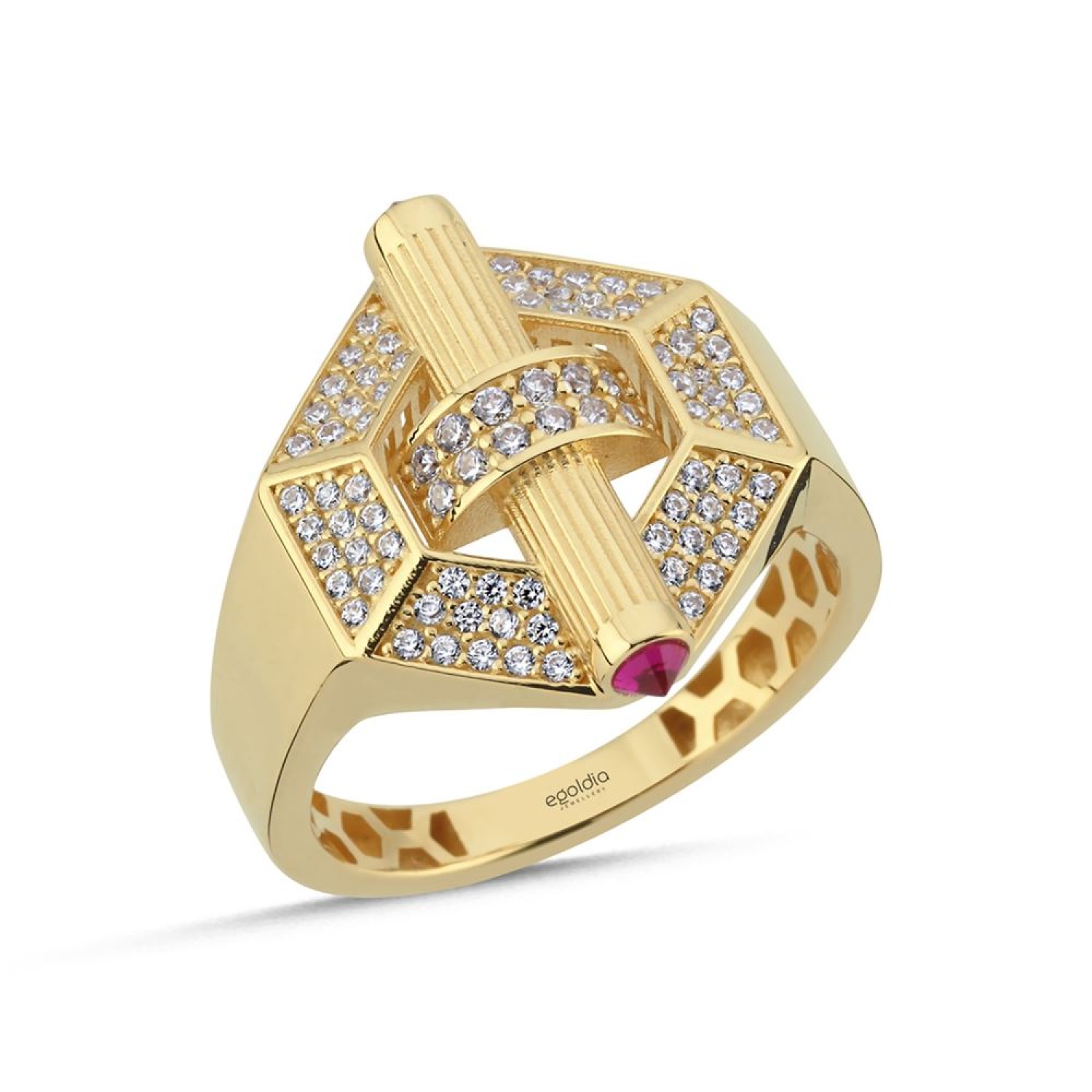 Altıgen Kalem Tasarım Pembe Taşlı Yüzük