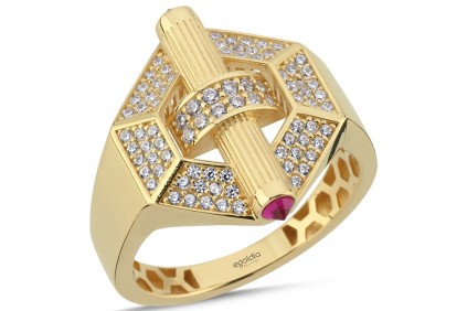 Altıgen Kalem Tasarım Pembe Taşlı Yüzük