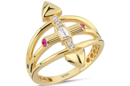 Tek Ok Tasarım Mavi Pembe Taşlı Yüzük