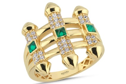 Baget Yeşil Üç Ok Tasarım Taşlı Yüzük