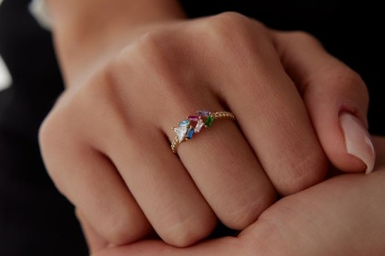 Renkli Taşlı Baget Yüzük