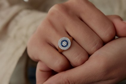 Oval Çizgi Tasarım Mavi Beyaz Taşlı Yüzük