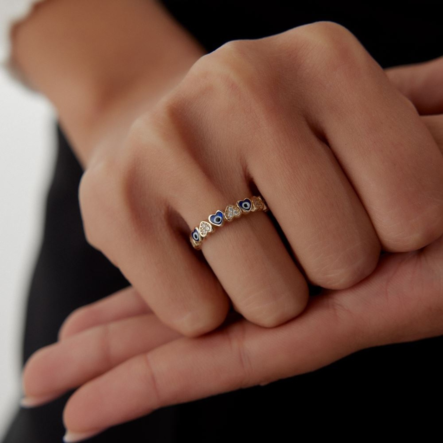 Nazar Gözlü Kalp Taşlı Yüzük