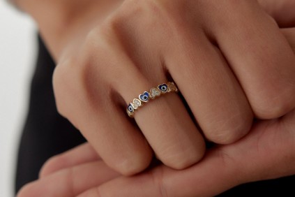 Nazar Gözlü Kalp Taşlı Yüzük