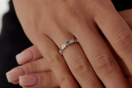 Nazar Gözlü Kalp Taşlı Yüzük