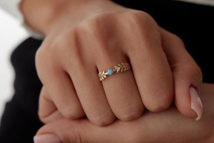 Yaprak Tasarım Turkuaz Mineli Yüzük