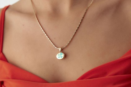 Turkuaz Yonca Mineli Kolye Ucu