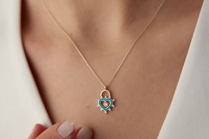 Taşlı Turkuaz Mineli Kalp Kolye